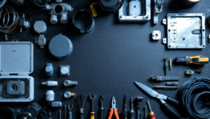 A photograph of a well-organized workbench featuring various types of junction boxes and covers