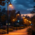 A photograph of a well-lit outdoor pole lighting installation at dusk