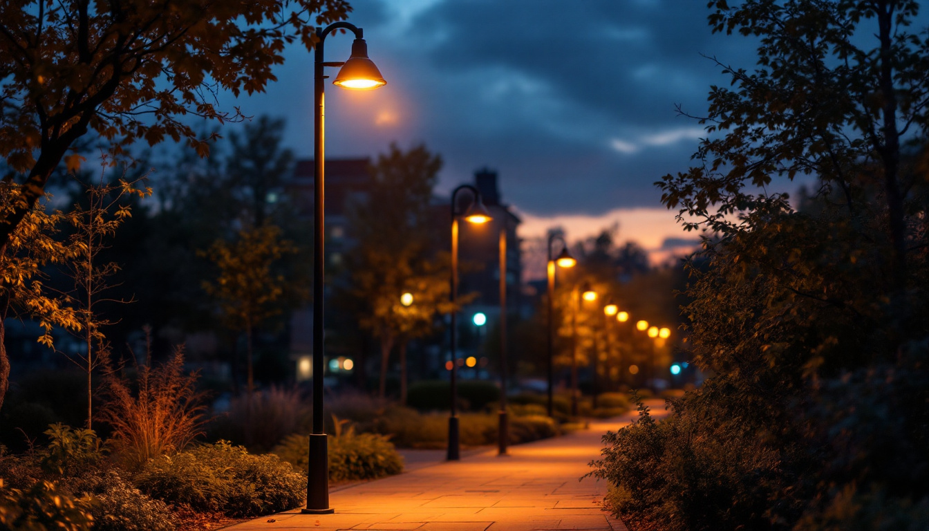 A photograph of a well-lit outdoor pole lighting installation at dusk