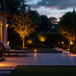 A photograph of a beautifully illuminated outdoor space at dusk
