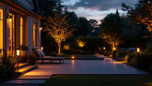 A photograph of a beautifully illuminated outdoor space at dusk