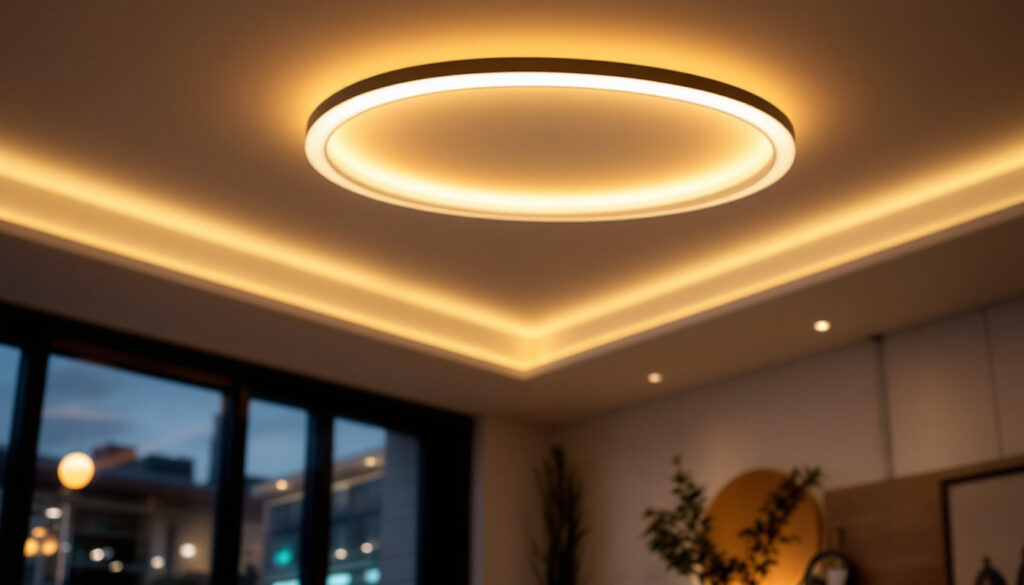 A photograph of a stylish flat ceiling lamp installed in a modern interior setting