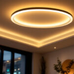 A photograph of a stylish flat ceiling lamp installed in a modern interior setting