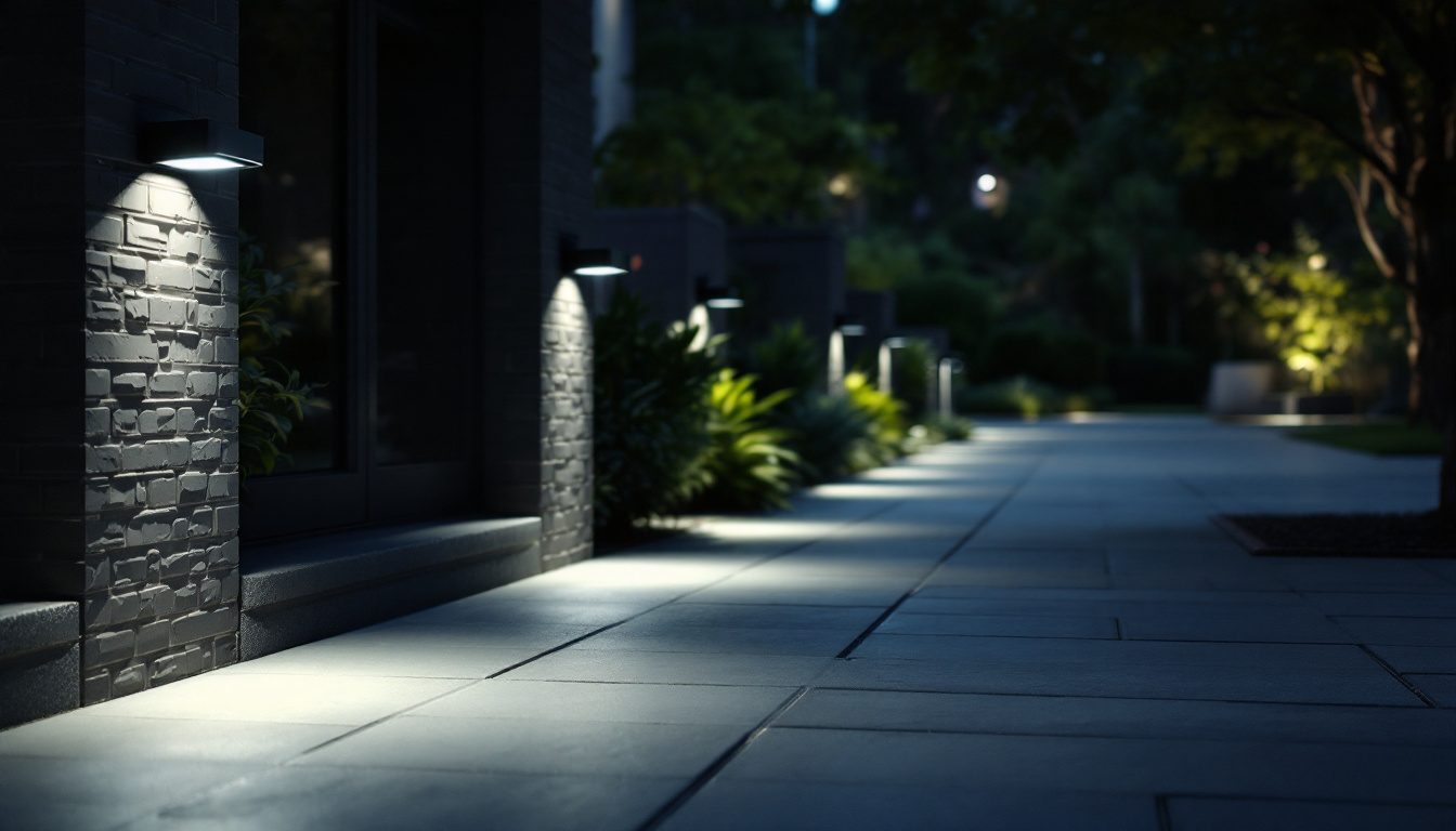 A photograph of a well-lit outdoor space showcasing motion-sensing lights in action