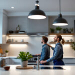 A photograph of a well-lit kitchen featuring modern ceiling lights that highlight the space's functionality and aesthetic