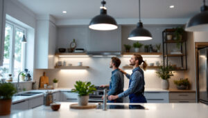 A photograph of a well-lit kitchen featuring modern ceiling lights that highlight the space's functionality and aesthetic