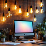 A photograph of a beautifully arranged workspace featuring a variety of stylish bulb lights in use