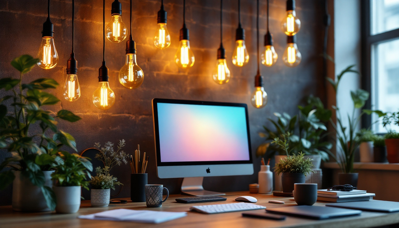 A photograph of a beautifully arranged workspace featuring a variety of stylish bulb lights in use