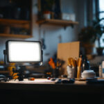 A photograph of a well-lit workspace featuring a pl 18 led lamp in use