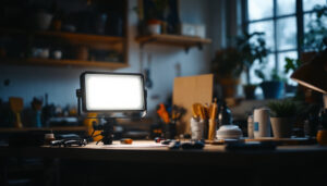 A photograph of a well-lit workspace featuring a pl 18 led lamp in use