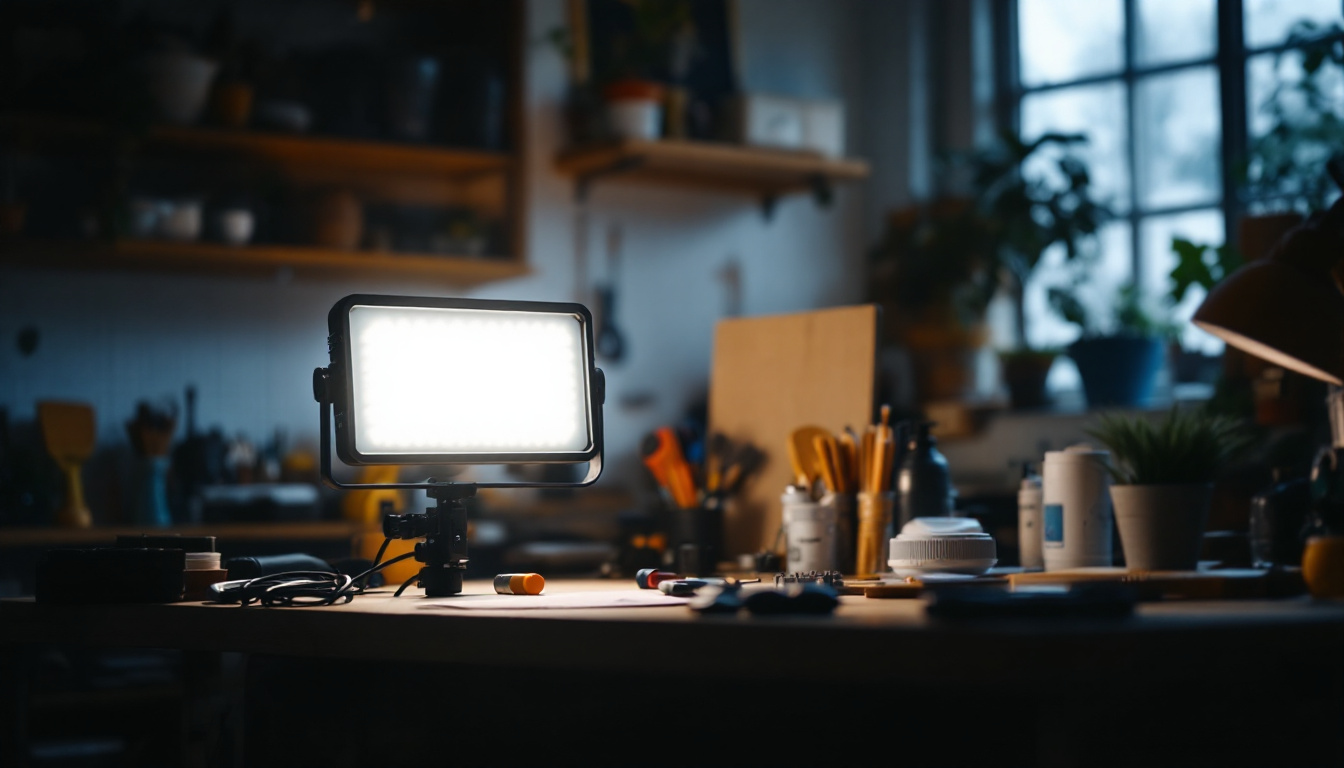 A photograph of a well-lit workspace featuring a pl 18 led lamp in use