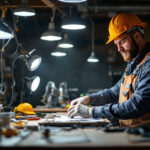 A photograph of a lighting contractor working in a workshop setting