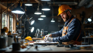 A photograph of a lighting contractor working in a workshop setting
