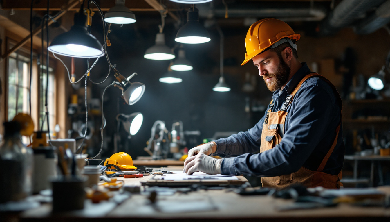 A photograph of a lighting contractor working in a workshop setting