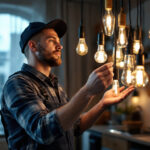 A photograph of a lighting contractor skillfully installing or inspecting a variety of unique and stylish light bulbs in a modern home setting