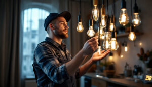 A photograph of a lighting contractor skillfully installing or inspecting a variety of unique and stylish light bulbs in a modern home setting
