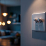 A photograph of a close-up shot of a 15 amp commercial grade combination 3-way toggle switch and receptacle installed in a stylish interior setting