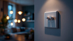 A photograph of a close-up shot of a 15 amp commercial grade combination 3-way toggle switch and receptacle installed in a stylish interior setting