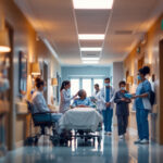 A photograph of a well-lit hospital hallway showcasing modern lighting fixtures
