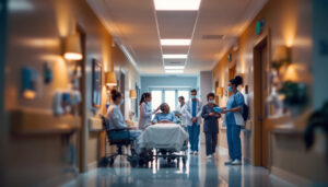 A photograph of a well-lit hospital hallway showcasing modern lighting fixtures