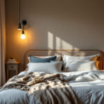 A photograph of a well-designed bedroom showcasing various types of ambient and task lighting