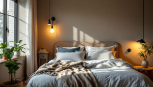 A photograph of a well-designed bedroom showcasing various types of ambient and task lighting
