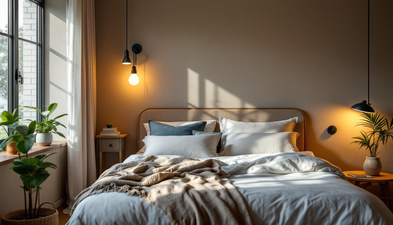 A photograph of a well-designed bedroom showcasing various types of ambient and task lighting