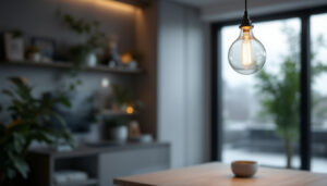 A photograph of a stylish pendant hanging light installation in a modern residential setting