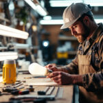 A photograph of a lighting contractor examining a variety of 4-foot replacement fluorescent bulbs in a well-lit workshop