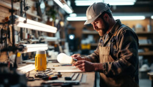 A photograph of a lighting contractor examining a variety of 4-foot replacement fluorescent bulbs in a well-lit workshop
