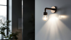 A photograph of a beautifully designed bath light fixture illuminating a modern bathroom setting
