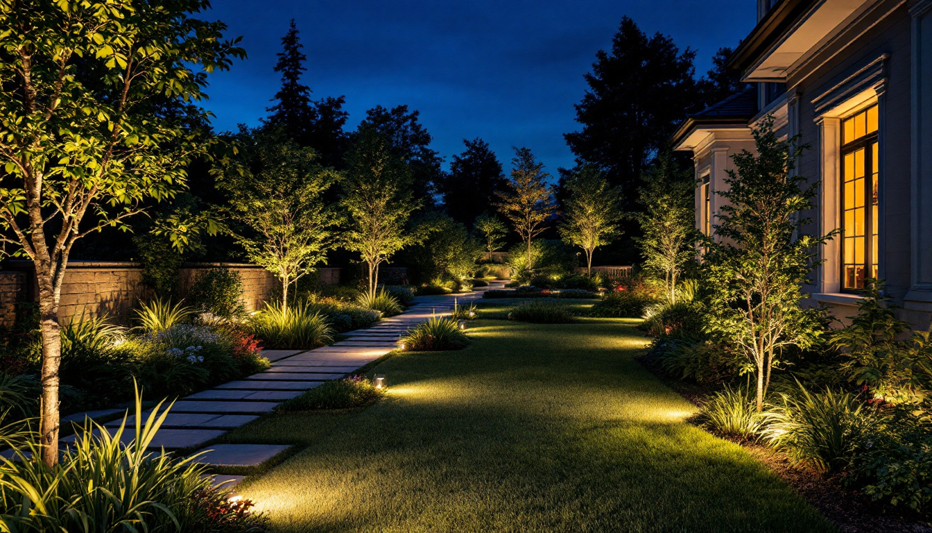A photograph of a beautifully illuminated outdoor space featuring various landscape lighting designs that highlight pathways