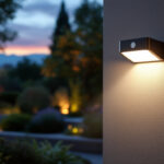 A photograph of a sleek downward firing outdoor motion sensor light installed in a beautifully landscaped garden at dusk