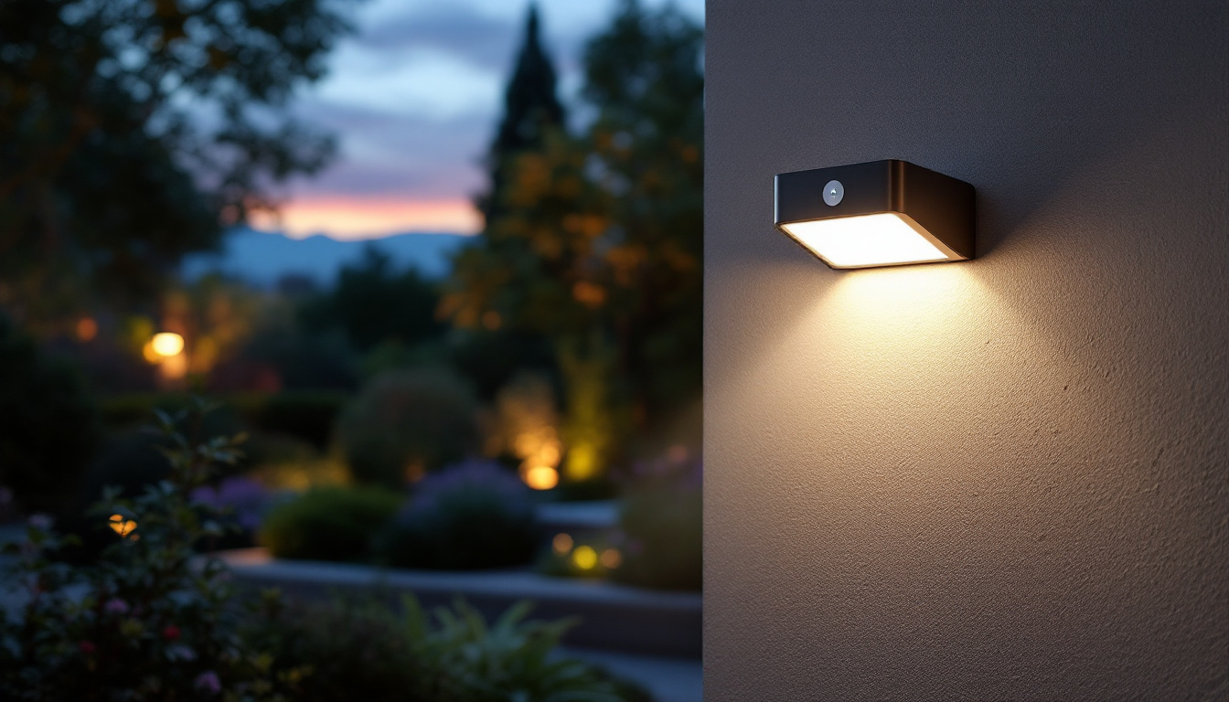 A photograph of a sleek downward firing outdoor motion sensor light installed in a beautifully landscaped garden at dusk