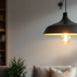 A photograph of a stylish modern pendant light hanging in a contemporary interior setting