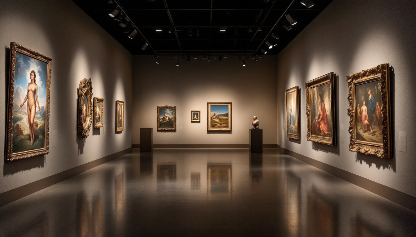 A photograph of a well-lit museum exhibit showcasing artwork