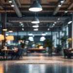 A photograph of a professional lighting installation in a modern commercial space