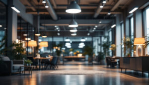 A photograph of a professional lighting installation in a modern commercial space