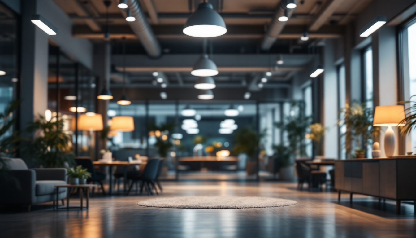 A photograph of a professional lighting installation in a modern commercial space