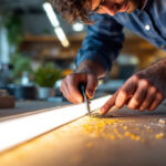 A photograph of a lighting contractor skillfully cutting a linear led light strip in a well-lit workspace