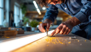 A photograph of a lighting contractor skillfully cutting a linear led light strip in a well-lit workspace