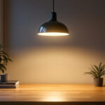 A photograph of a well-lit room showcasing various lighting fixtures
