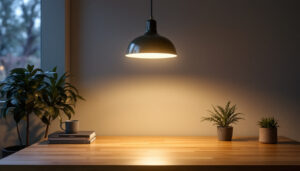 A photograph of a well-lit room showcasing various lighting fixtures