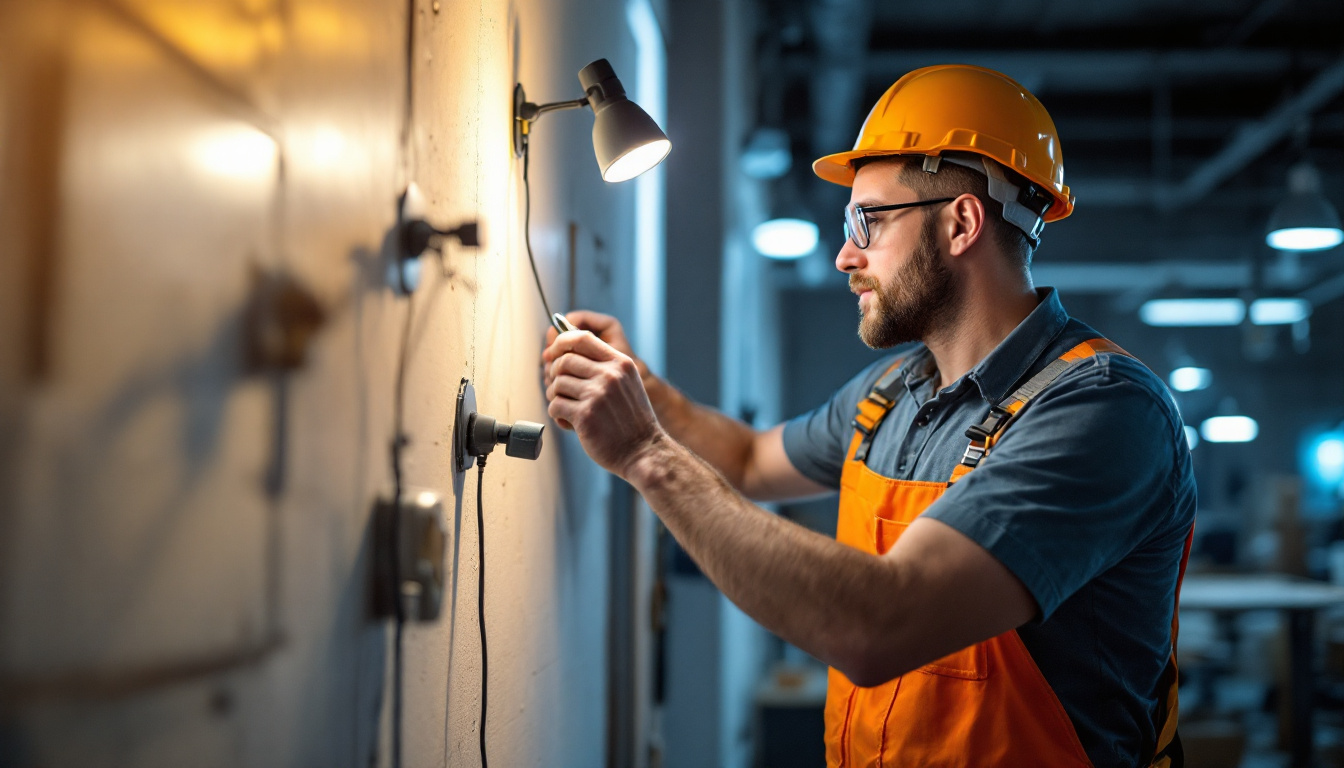 A photograph of a lighting contractor in action