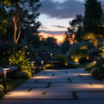 A photograph of a beautifully illuminated outdoor space at dusk