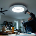 A photograph of a skilled lighting contractor installing recessed lighting in a modern home