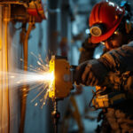 A photograph of a lighting contractor in action