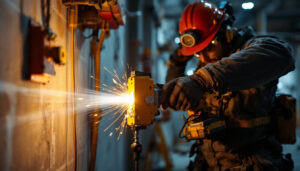 A photograph of a lighting contractor in action