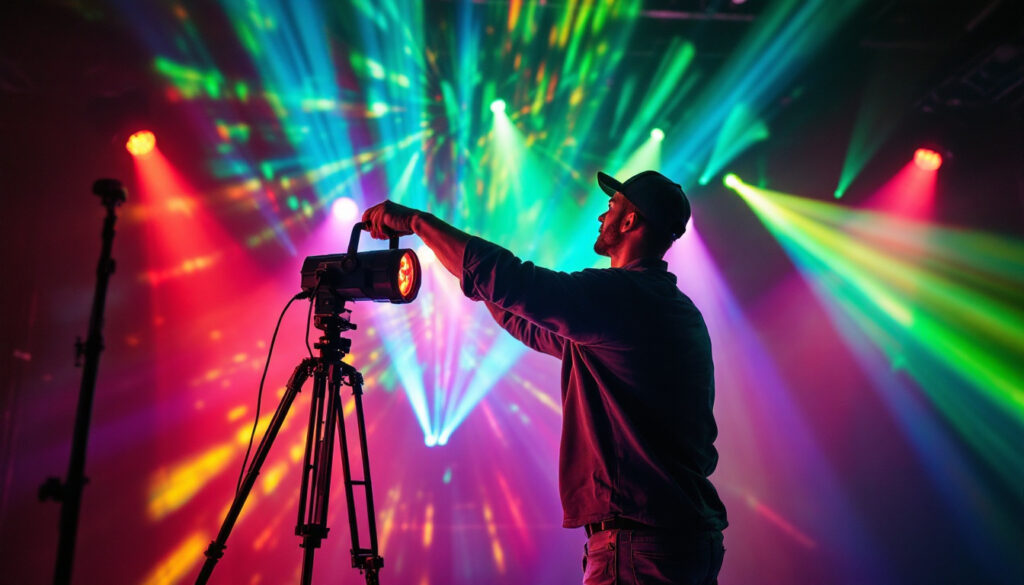 A photograph of a lighting contractor skillfully installing or adjusting projection lights in a beautifully illuminated space