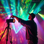A photograph of a lighting contractor skillfully installing or adjusting projection lights in a beautifully illuminated space